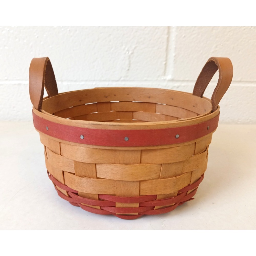 Hostess Button Basket 6" Round Red Accent Leather Handles Longaberger 2003